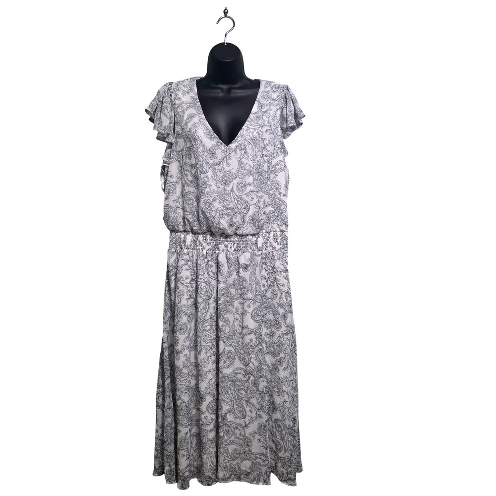 Everlily Womens XXL White Black Paisley Floral V-Neck Smocked Midi Dress
